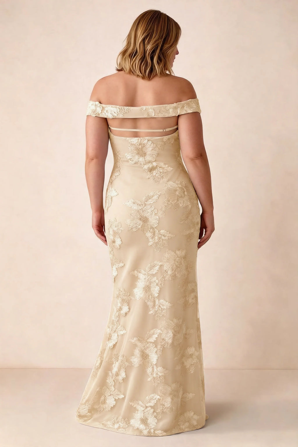 Rear studio view of Bridgette yellow dress on a second model, showing the flared skirt