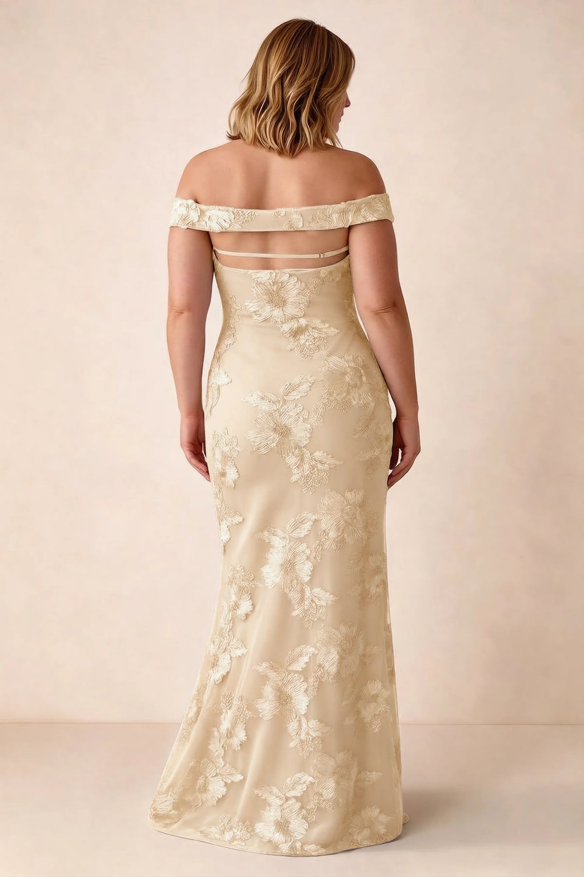 Rear studio view of Bridgette yellow dress on a second model, showing the flared skirt
