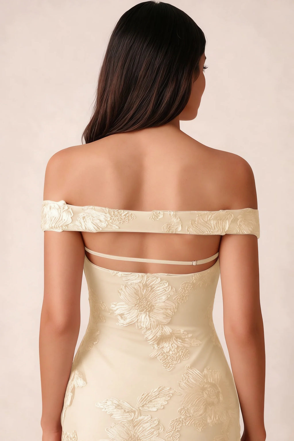 Close-up of Bridgette yellow open back framed by the shoulder band and slim horizontal strap