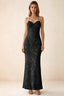 Front studio view of Brigitte black floral maxi dress with sweetheart neckline and fine halter ties