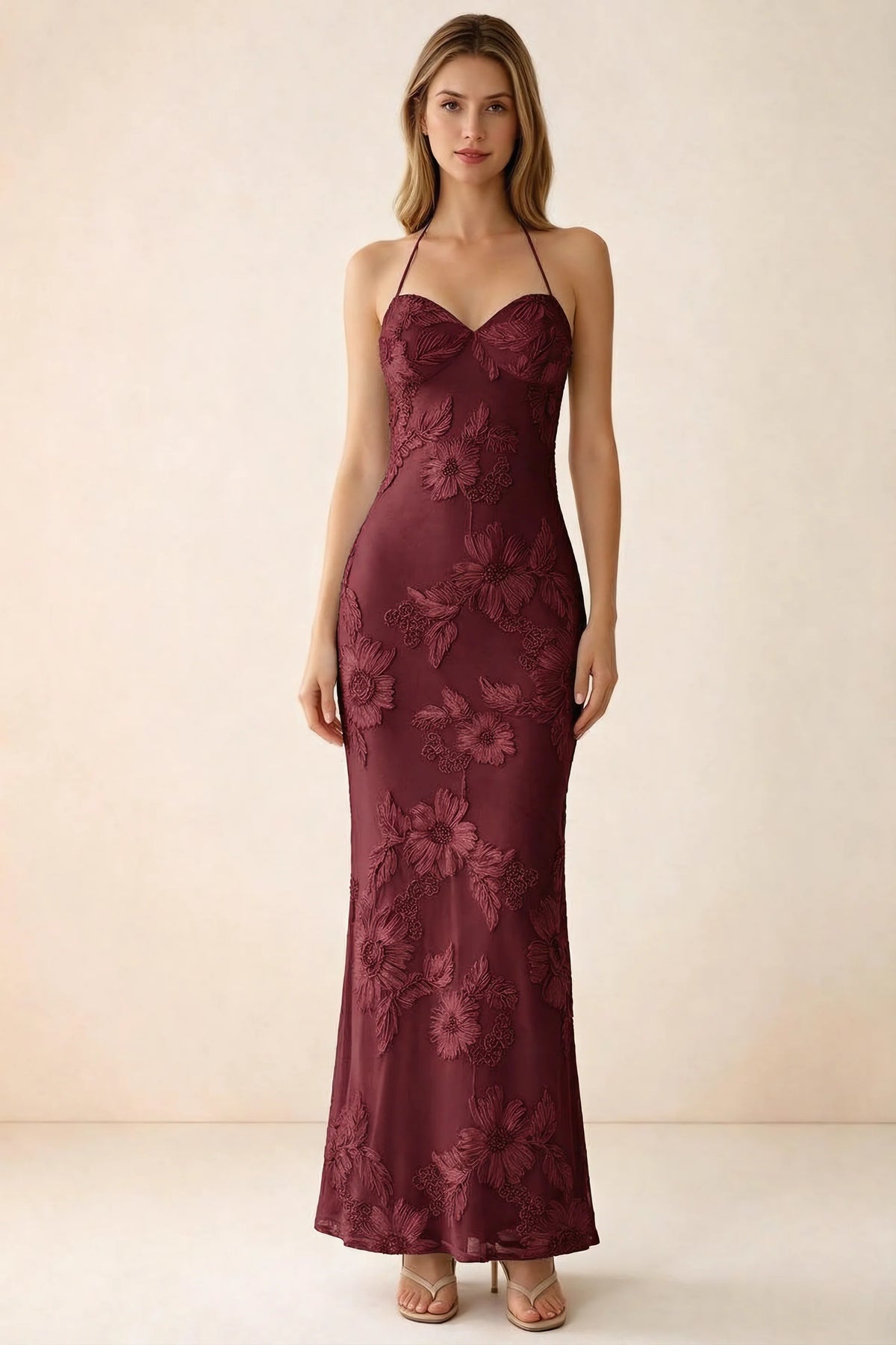 Front studio view of Brigitte burgundy floral maxi dress with sweetheart neckline and fine halter ties