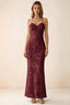Front studio view of Brigitte burgundy floral maxi dress with sweetheart neckline and fine halter ties