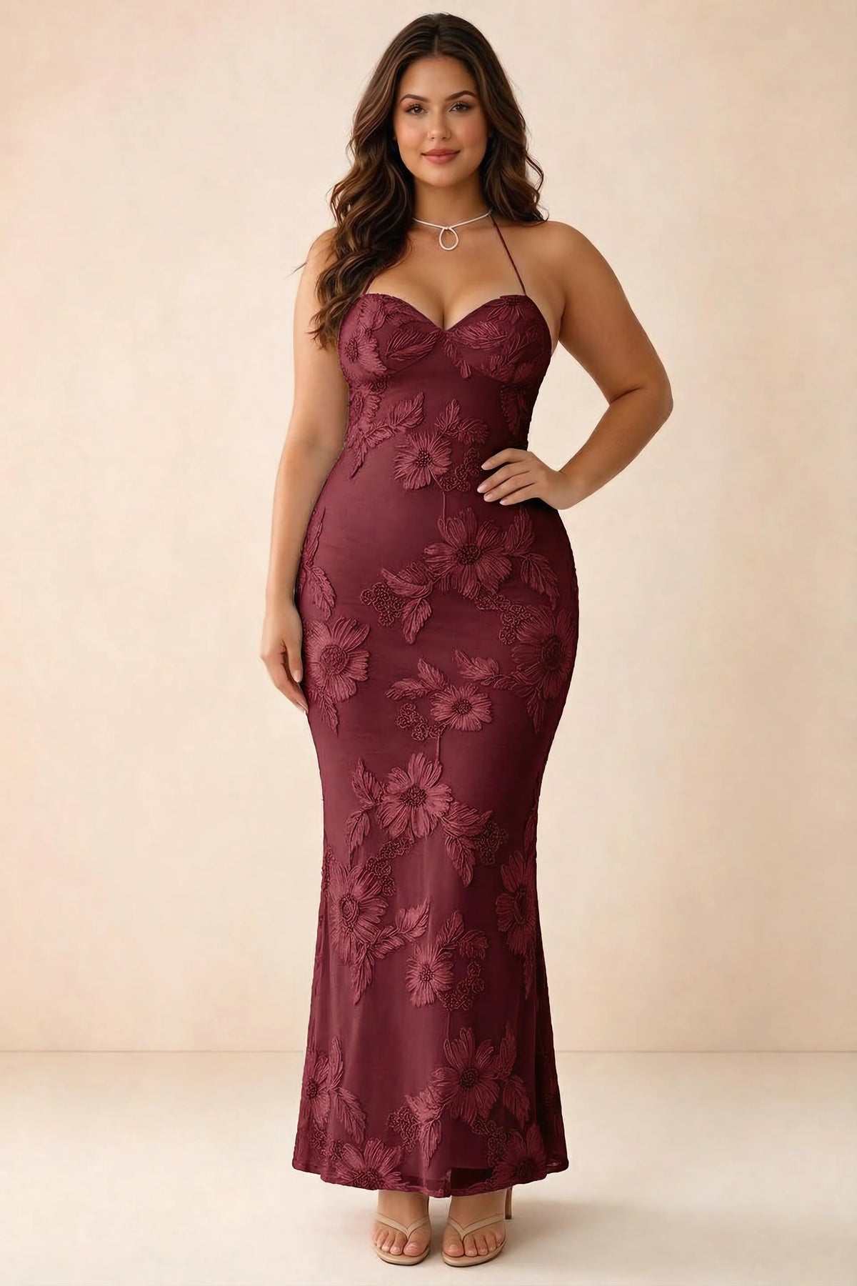 Front studio view of Brigitte burgundy dress on a second model, showing the sweetheart floral bodice