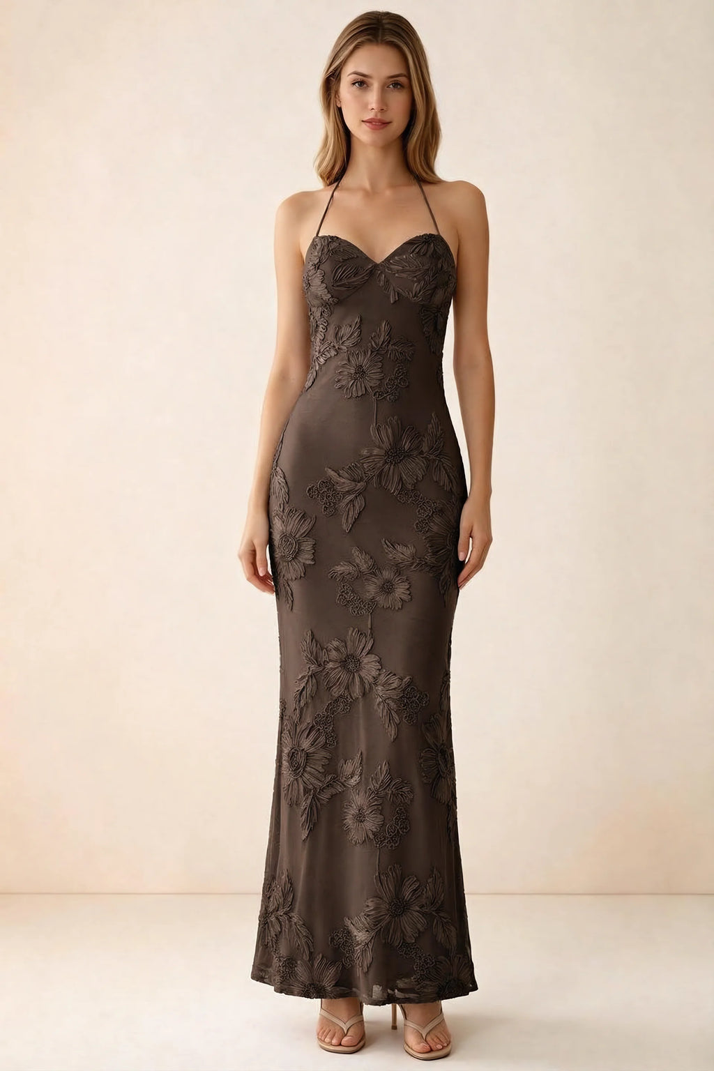 Front studio view of Brigitte chocolate brown floral maxi dress with sweetheart neckline and fine halter ties