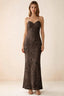 Front studio view of Brigitte chocolate brown floral maxi dress with sweetheart neckline and fine halter ties