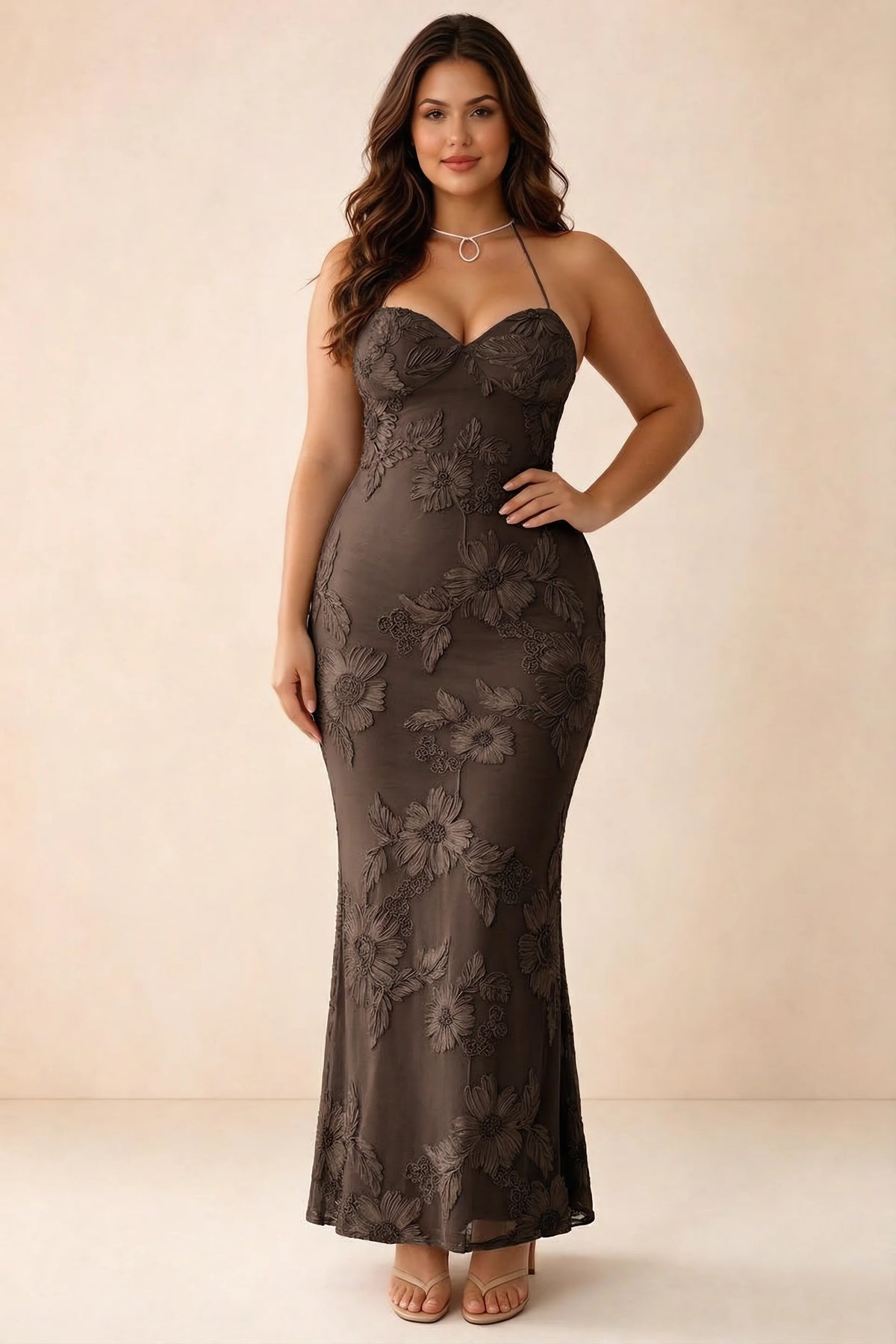 Front studio view of Brigitte chocolate brown dress on a second model, showing the sweetheart floral bodice