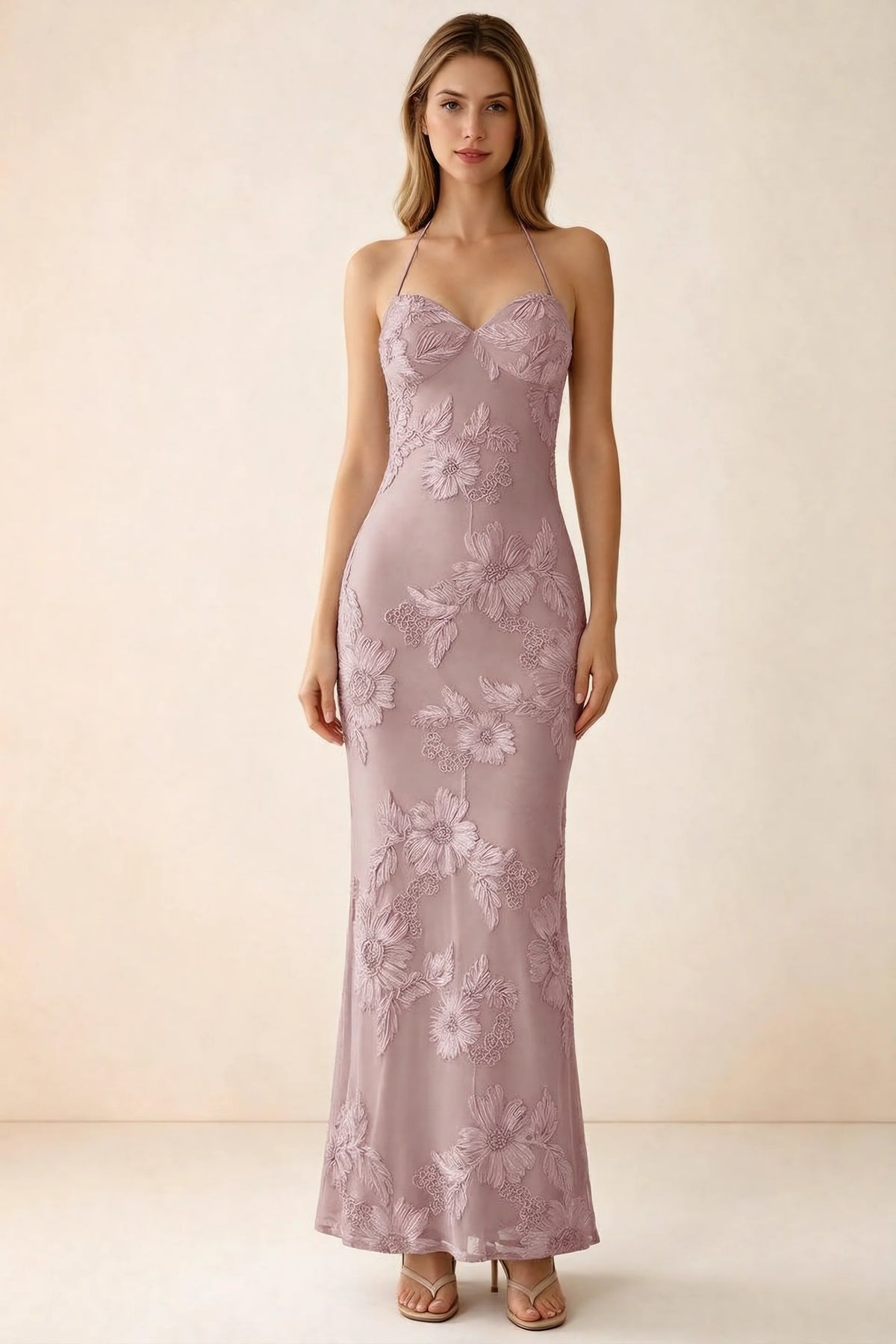 Front studio view of Brigitte dusty lilac floral maxi dress with sweetheart neckline and fine halter ties