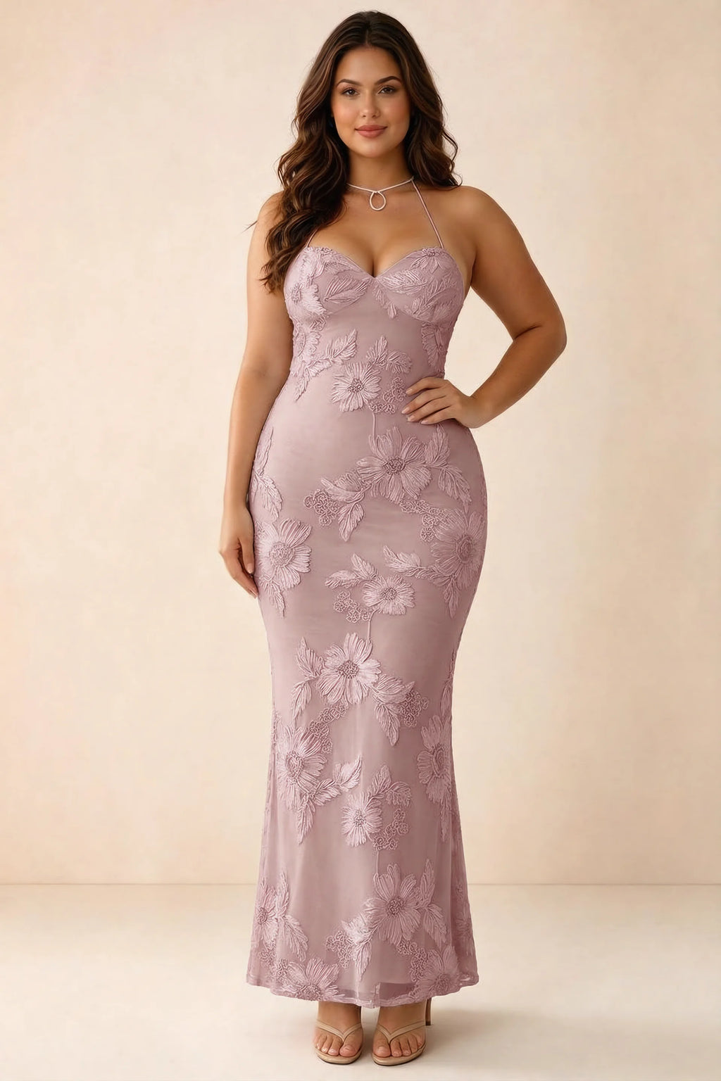 Front studio view of Brigitte dusty lilac dress on a second model, showing the sweetheart floral bodice