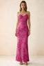 Front studio view of Brigitte fuchsia floral maxi dress with sweetheart neckline and fine halter ties