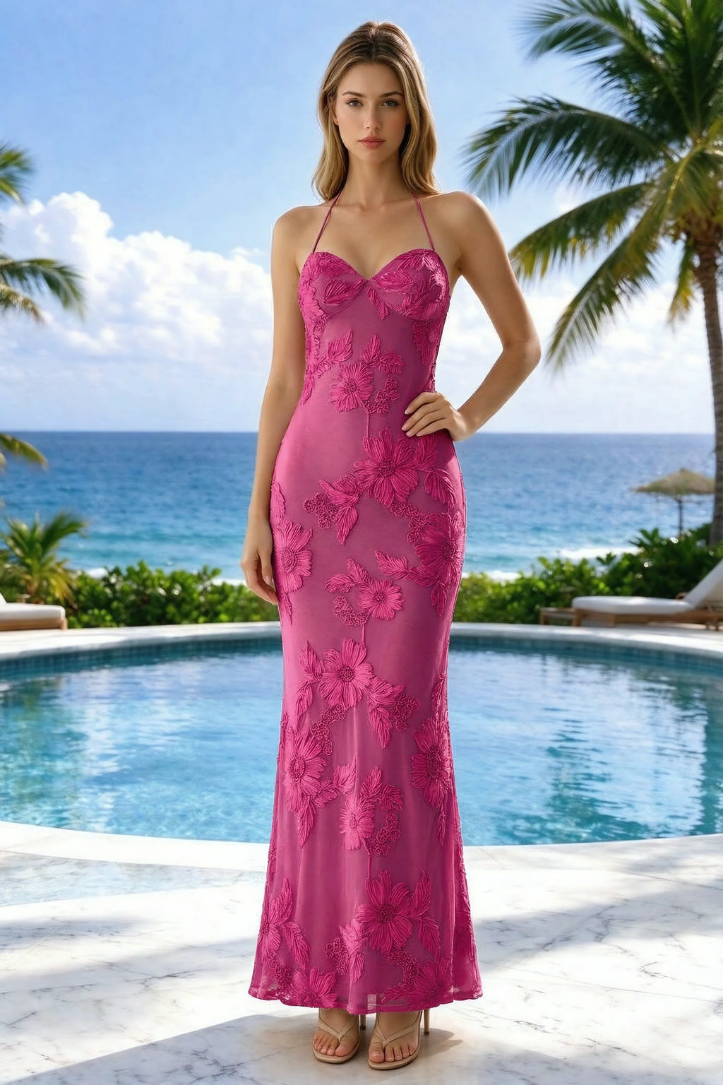 Poolside front view of Brigitte fuchsia halter dress showing raised flowers and the long fitted skirt