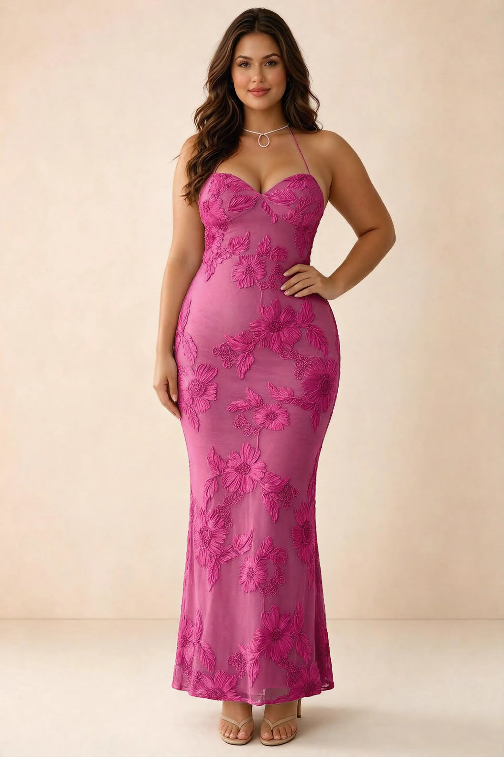 Front studio view of Brigitte fuchsia dress on a second model, showing the sweetheart floral bodice