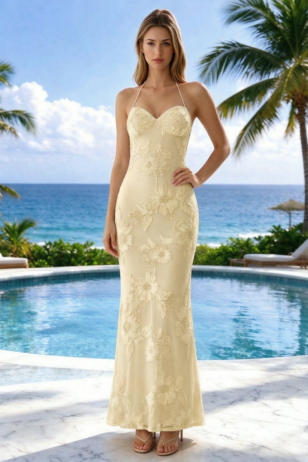 Poolside front view of Brigitte lemon halter dress showing raised flowers and the long fitted skirt