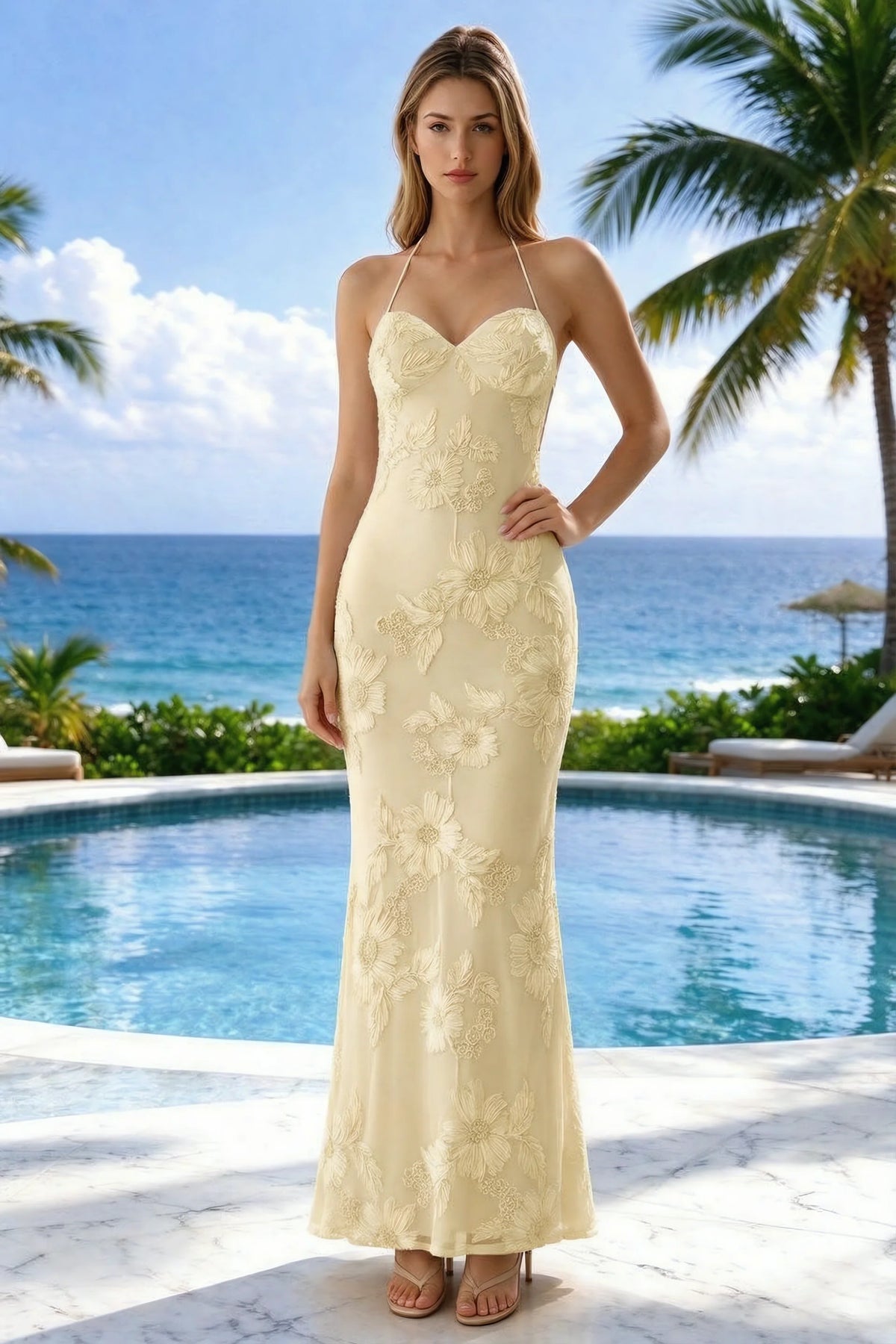 Poolside front view of Brigitte lemon halter dress showing raised flowers and the long fitted skirt