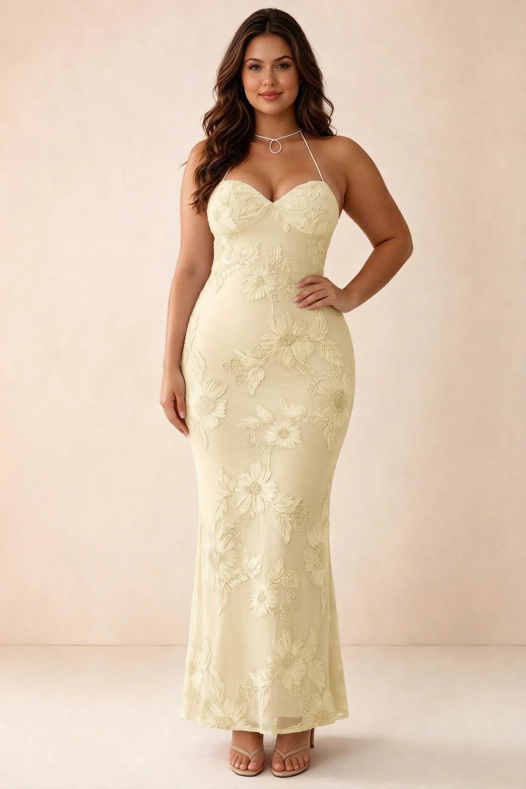 Front studio view of Brigitte lemon dress on a second model, showing the sweetheart floral bodice