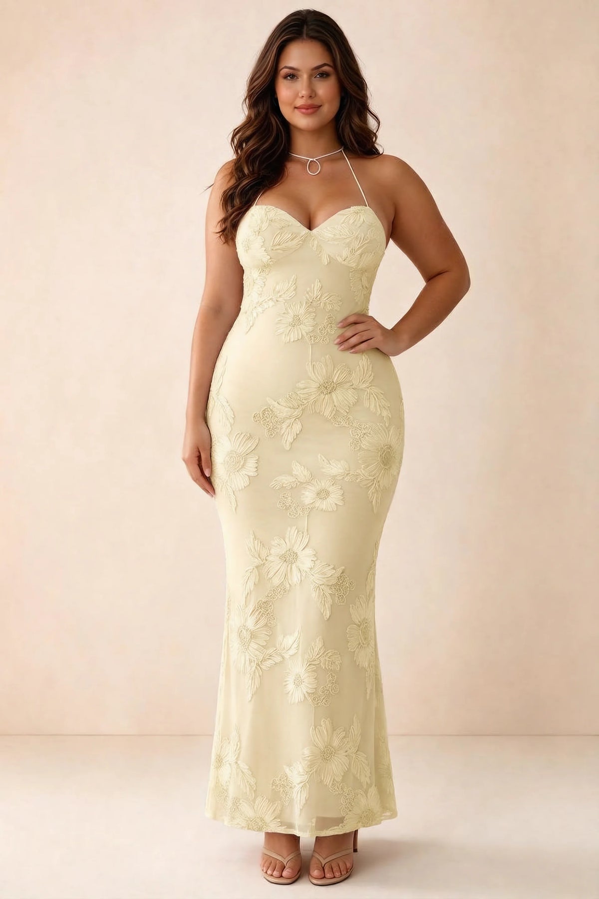Front studio view of Brigitte lemon dress on a second model, showing the sweetheart floral bodice
