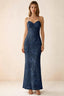 Front studio view of Brigitte navy floral maxi dress with sweetheart neckline and fine halter ties
