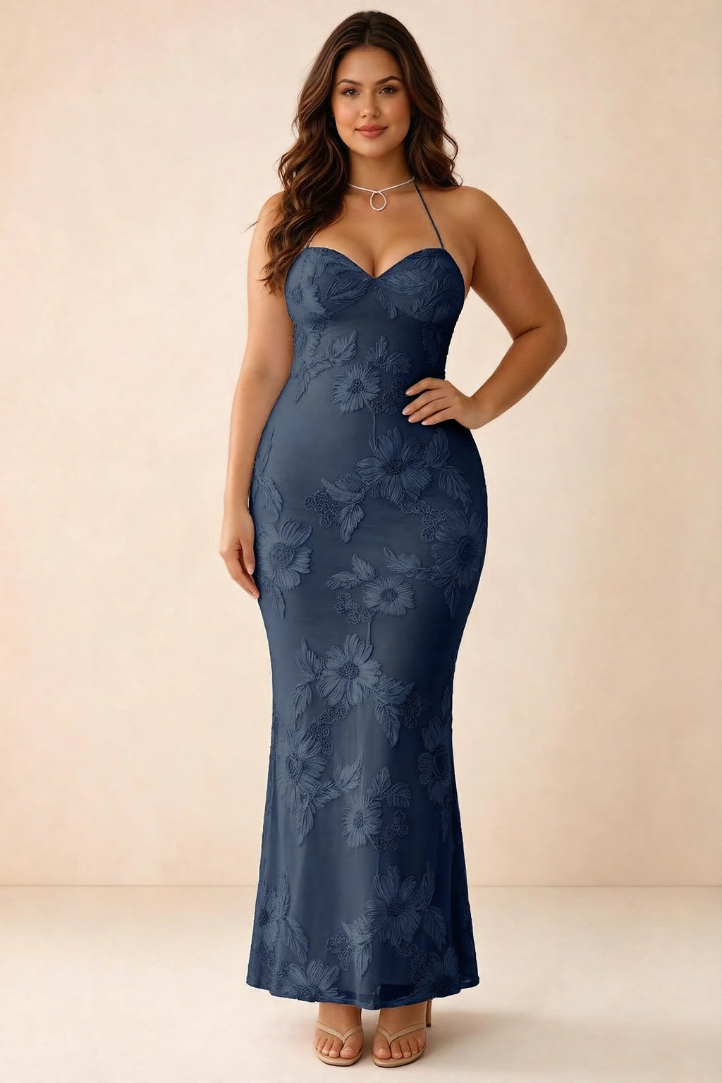 Front studio view of Brigitte navy dress on a second model, showing the sweetheart floral bodice