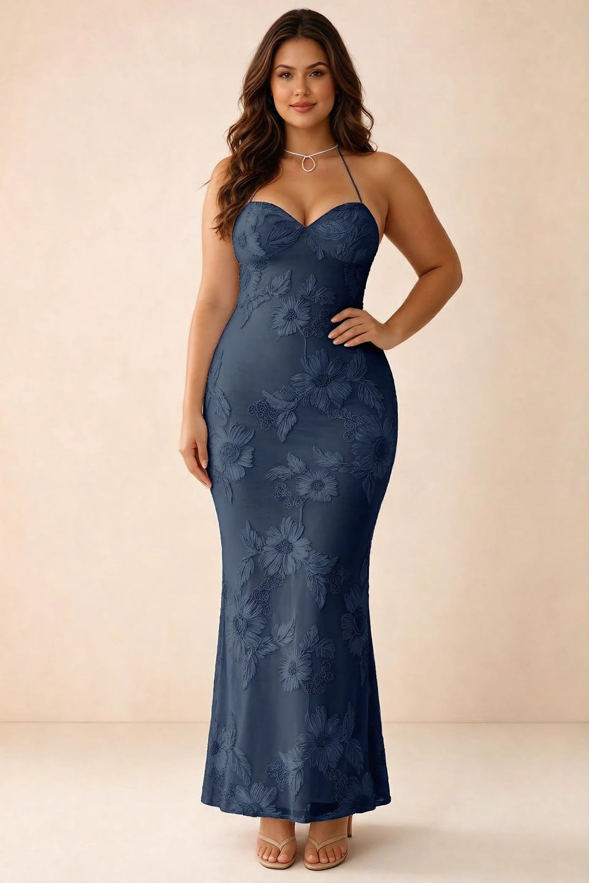 Front studio view of Brigitte navy dress on a second model, showing the sweetheart floral bodice