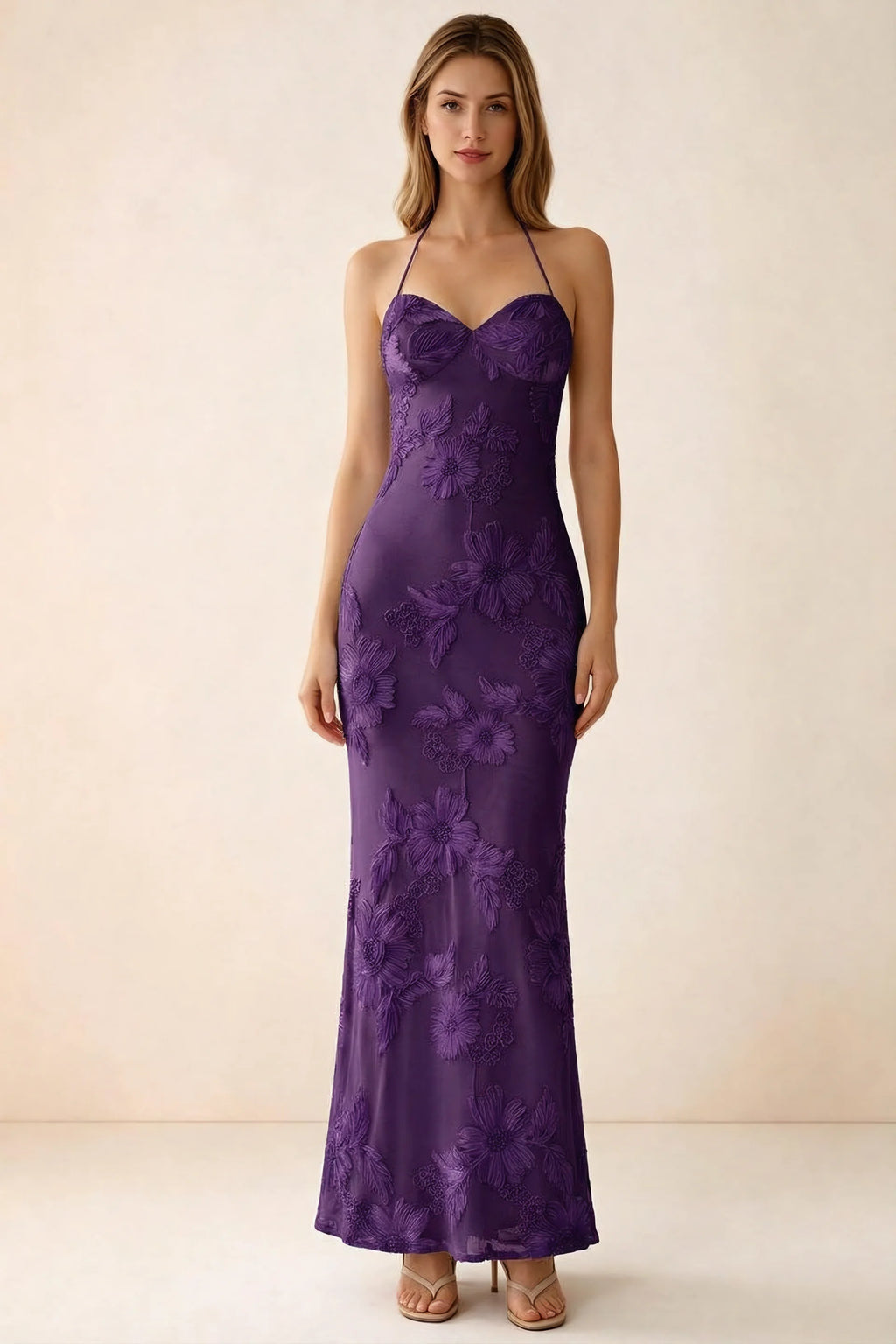 Front studio view of Brigitte plum floral maxi dress with sweetheart neckline and fine halter ties