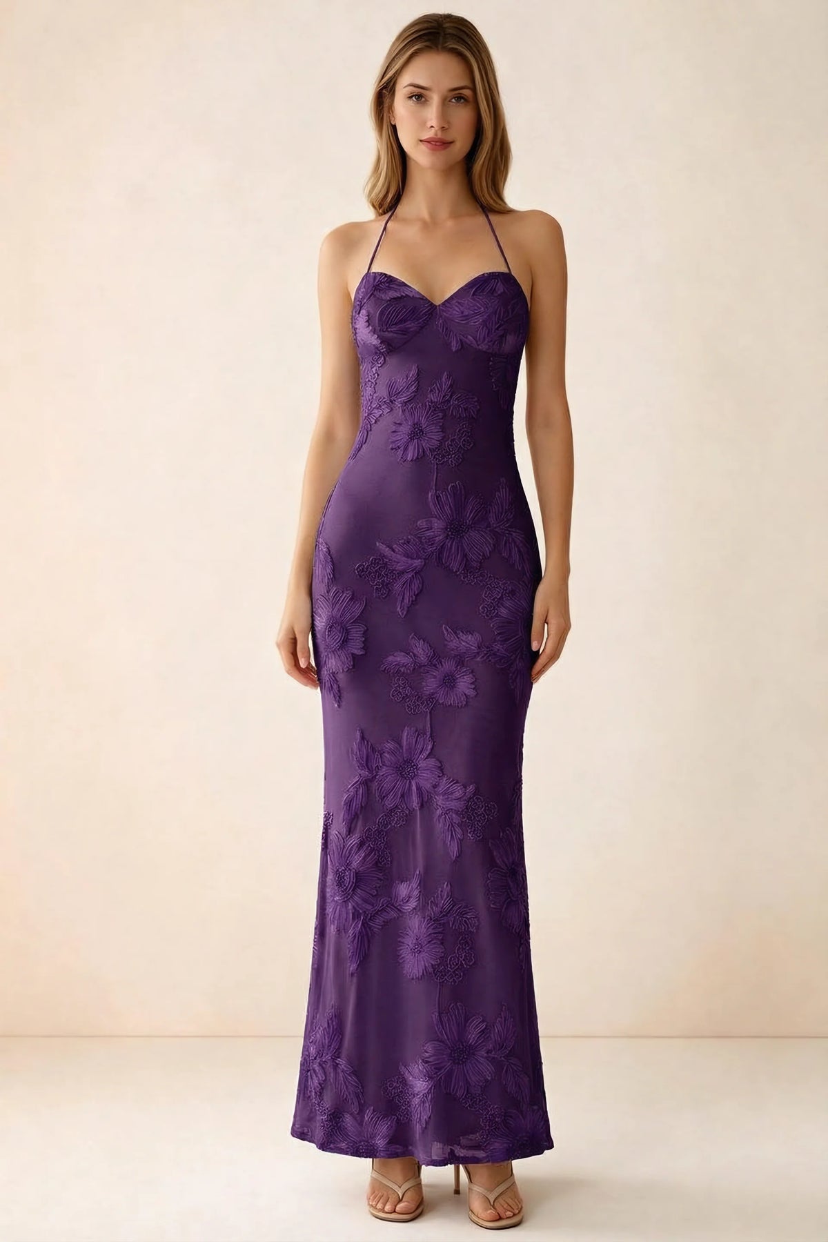 Front studio view of Brigitte plum floral maxi dress with sweetheart neckline and fine halter ties