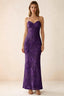Front studio view of Brigitte plum floral maxi dress with sweetheart neckline and fine halter ties
