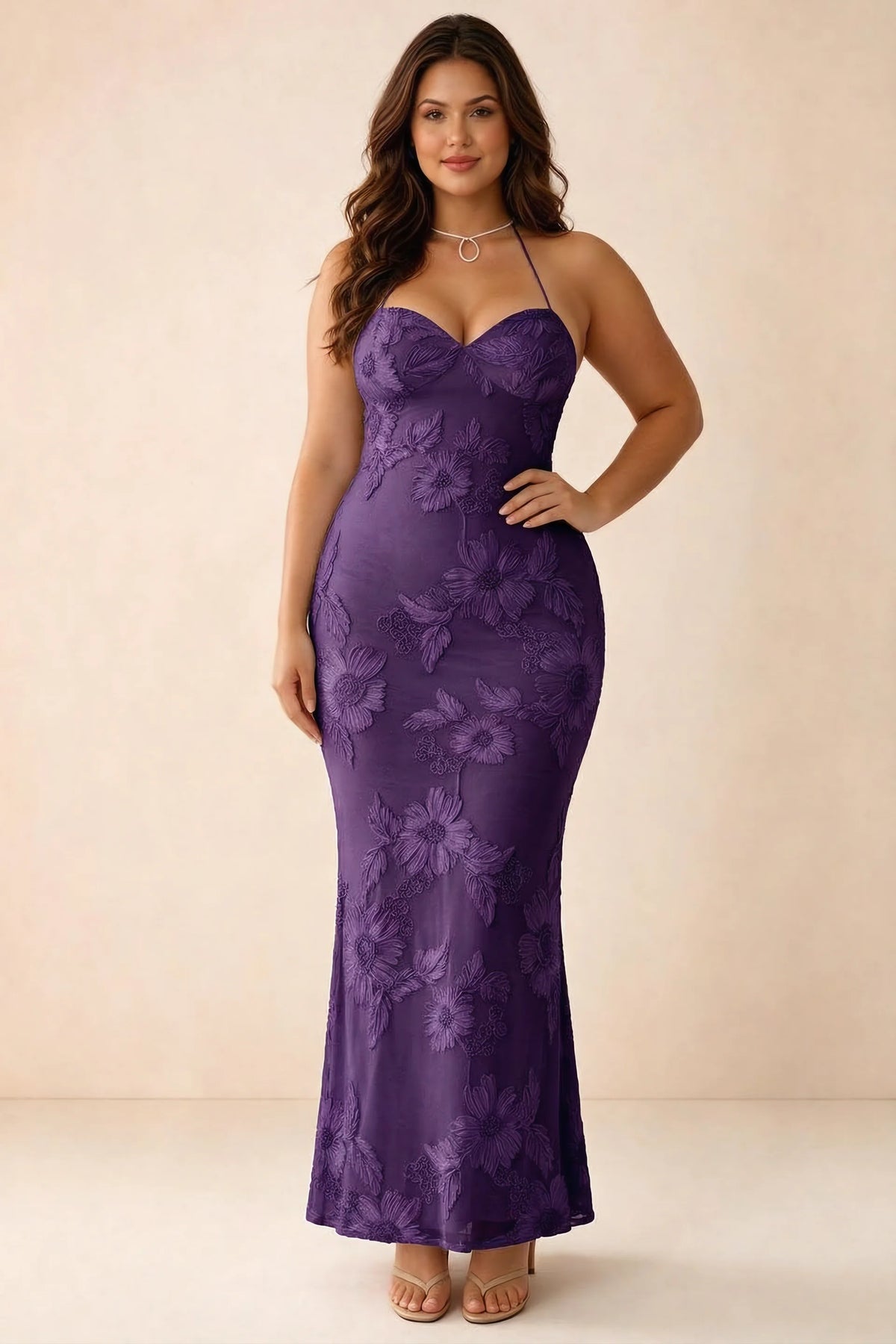 Front studio view of Brigitte plum dress on a second model, showing the sweetheart floral bodice
