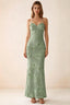 Front studio view of Brigitte sage green floral maxi dress with sweetheart neckline and fine halter ties