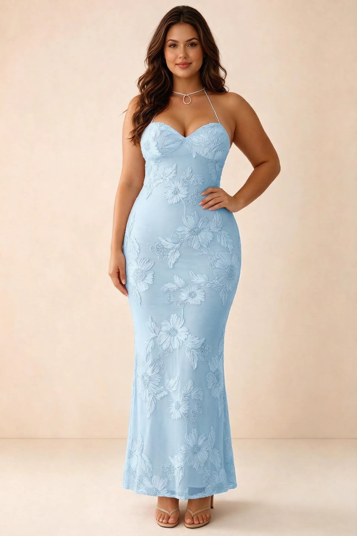 Front studio view of Brigitte sky blue dress on a second model, showing the sweetheart floral bodice
