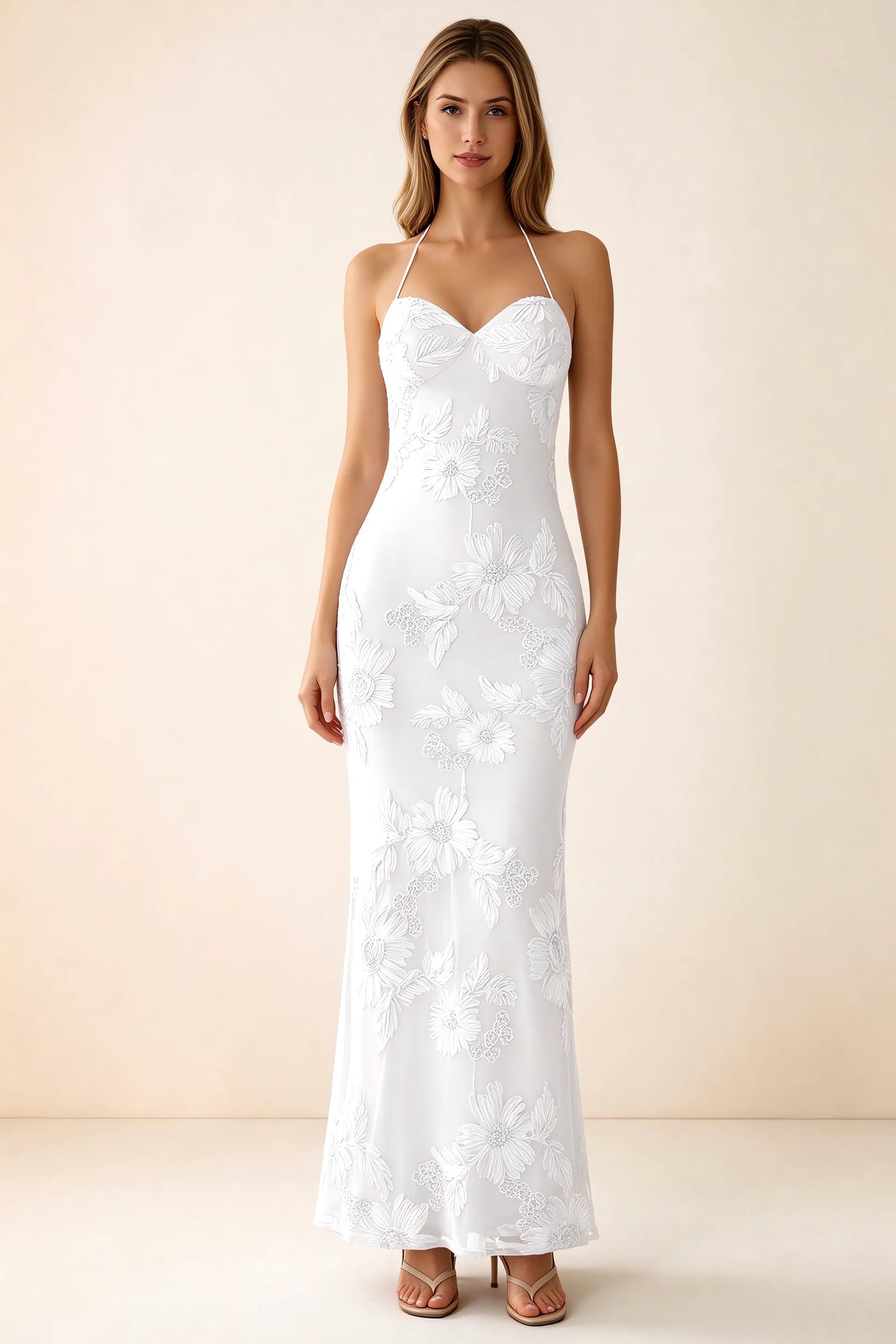 Front studio view of Brigitte white floral maxi dress with sweetheart neckline and fine halter ties