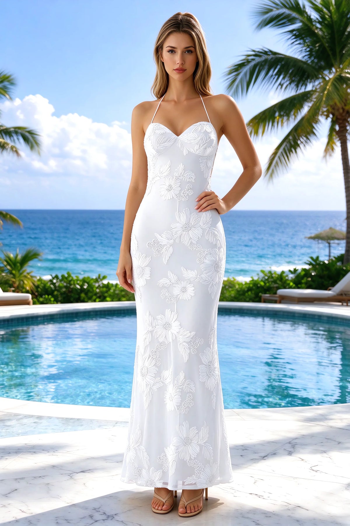 Poolside front view of Brigitte white halter dress showing raised flowers and the long fitted skirt