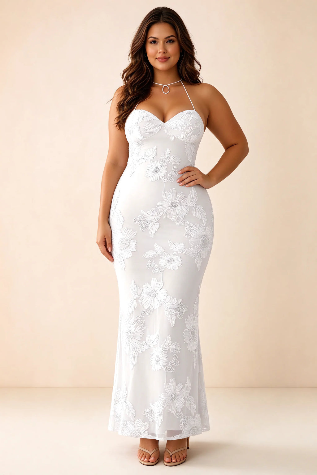 Front studio view of Brigitte white dress on a second model, showing the sweetheart floral bodice