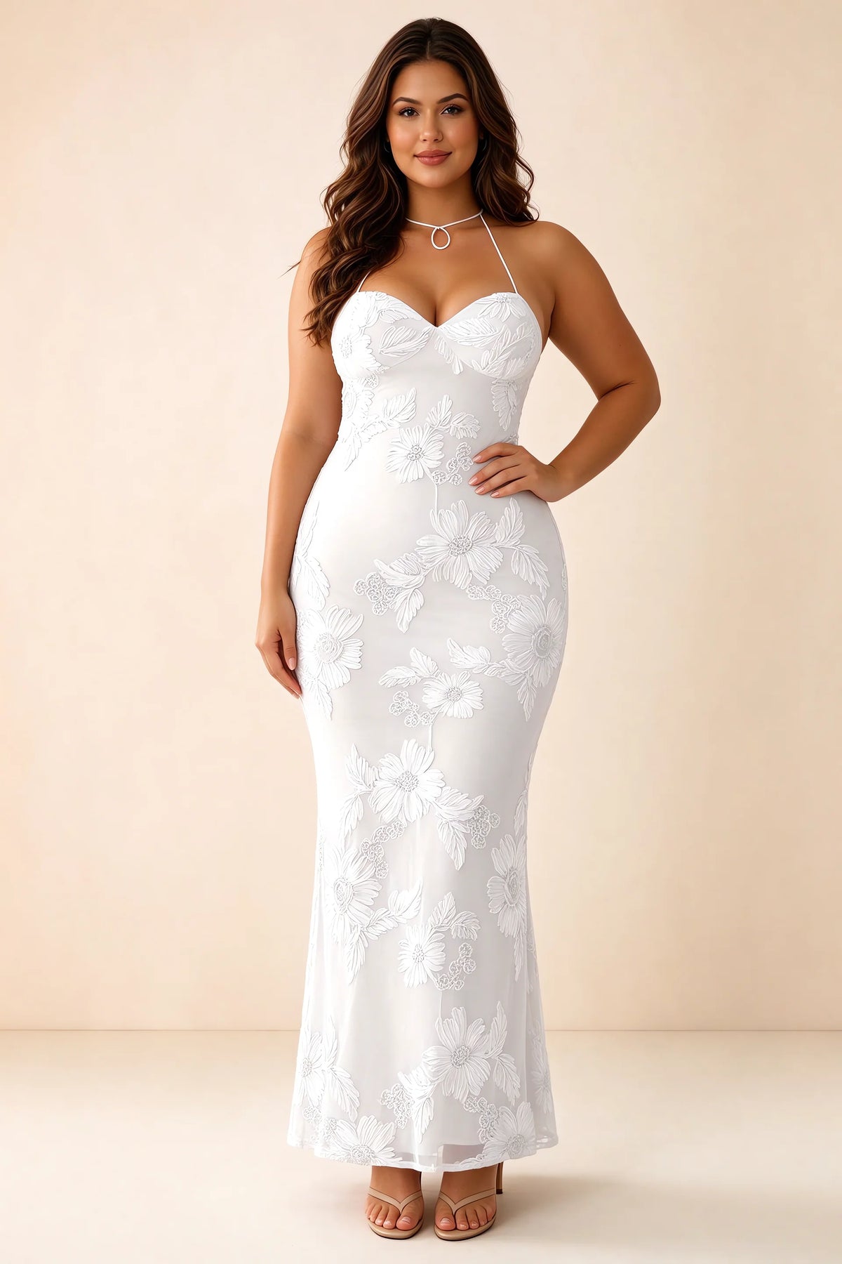 Front studio view of Brigitte white dress on a second model, showing the sweetheart floral bodice