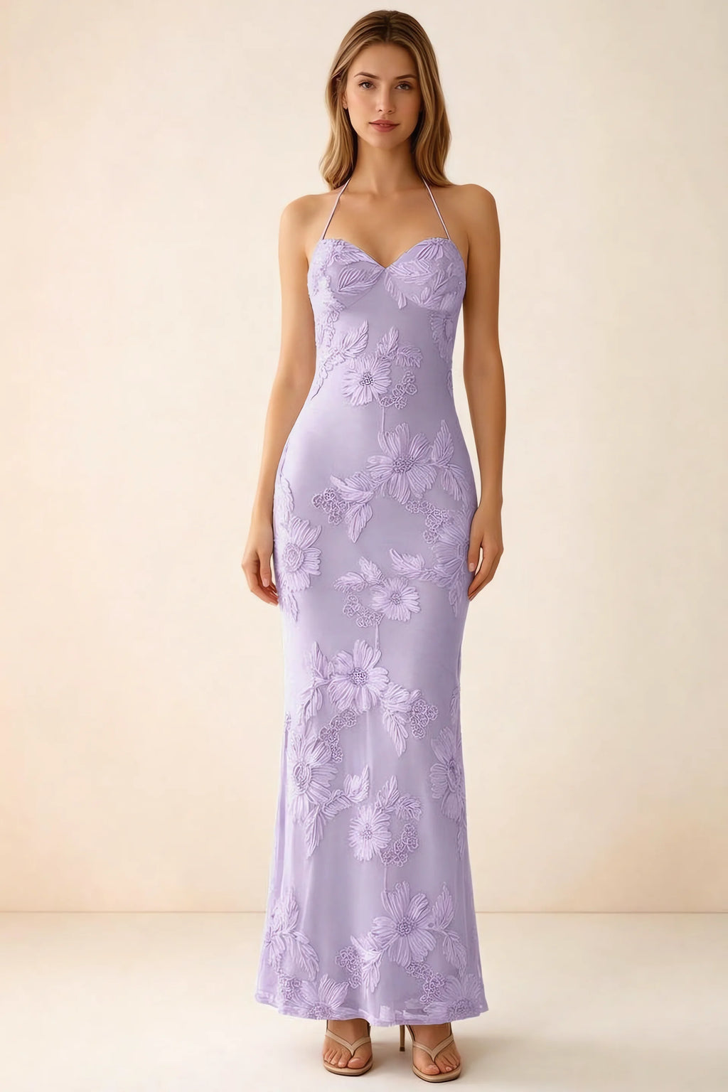 Front studio view of Brigitte wisteria floral maxi dress with sweetheart neckline and fine halter ties