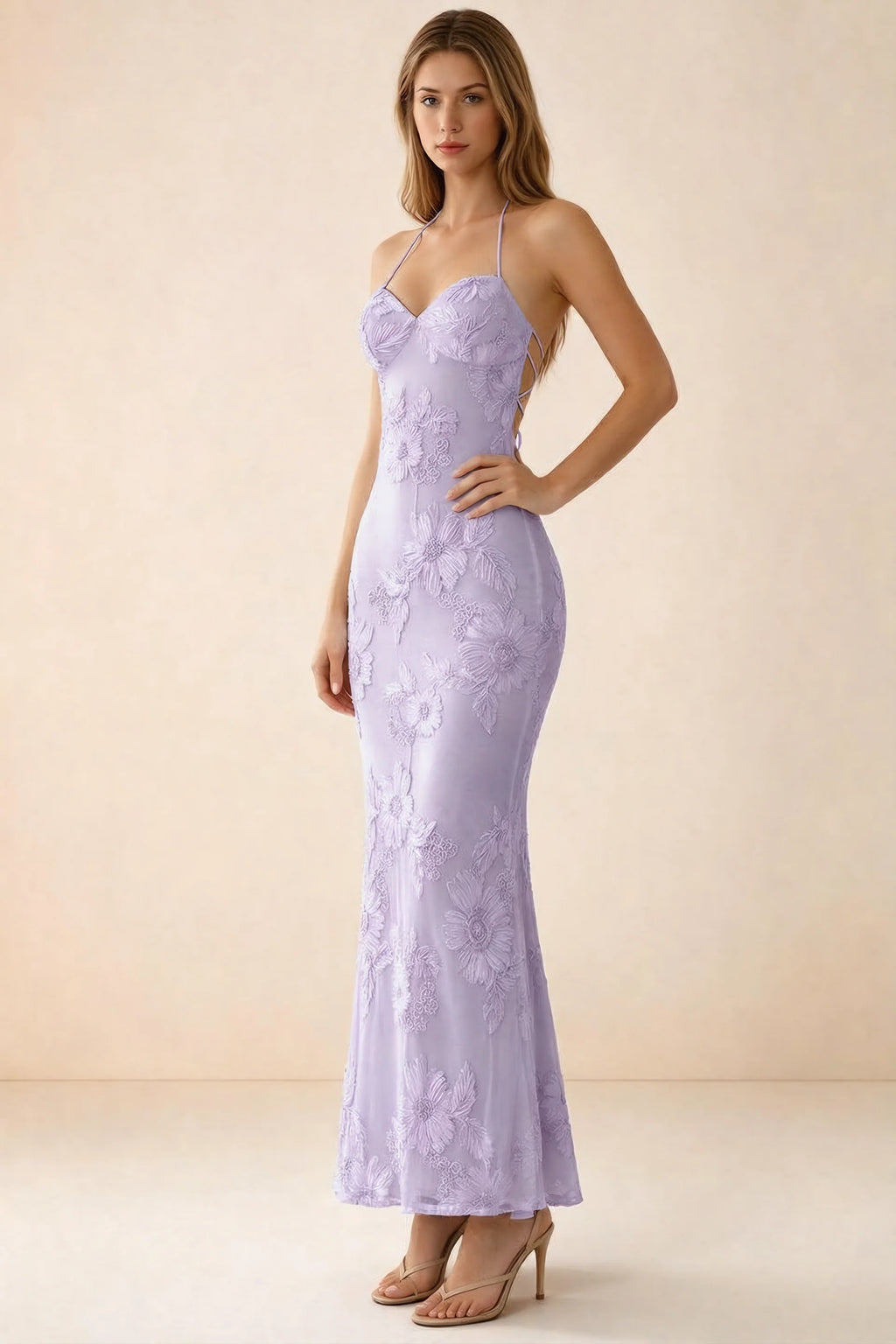 Three-quarter studio view of Brigitte wisteria dress showing the fitted hips and ankle-skimming hem