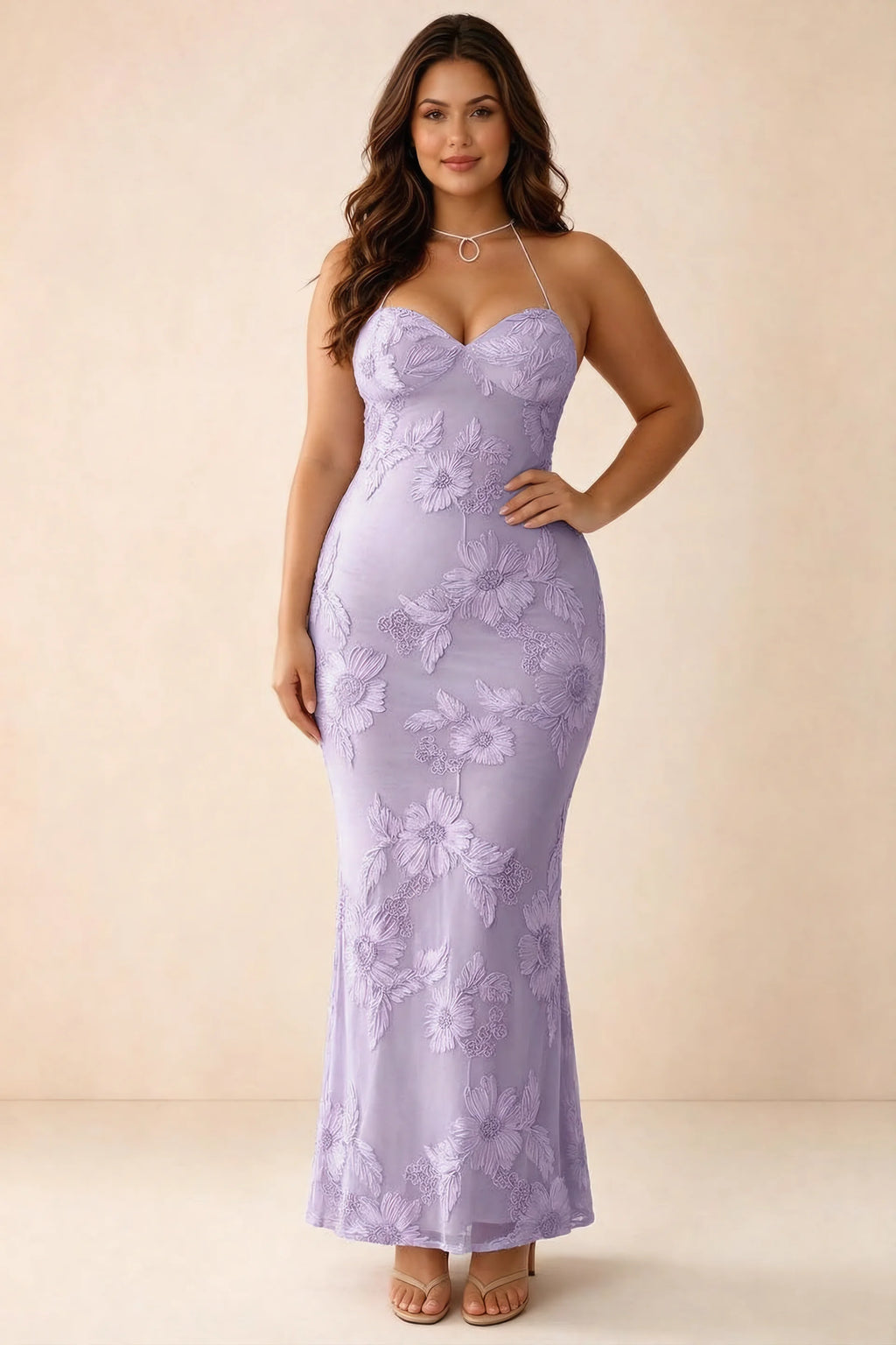 Front studio view of Brigitte wisteria dress on a second model, showing the sweetheart floral bodice