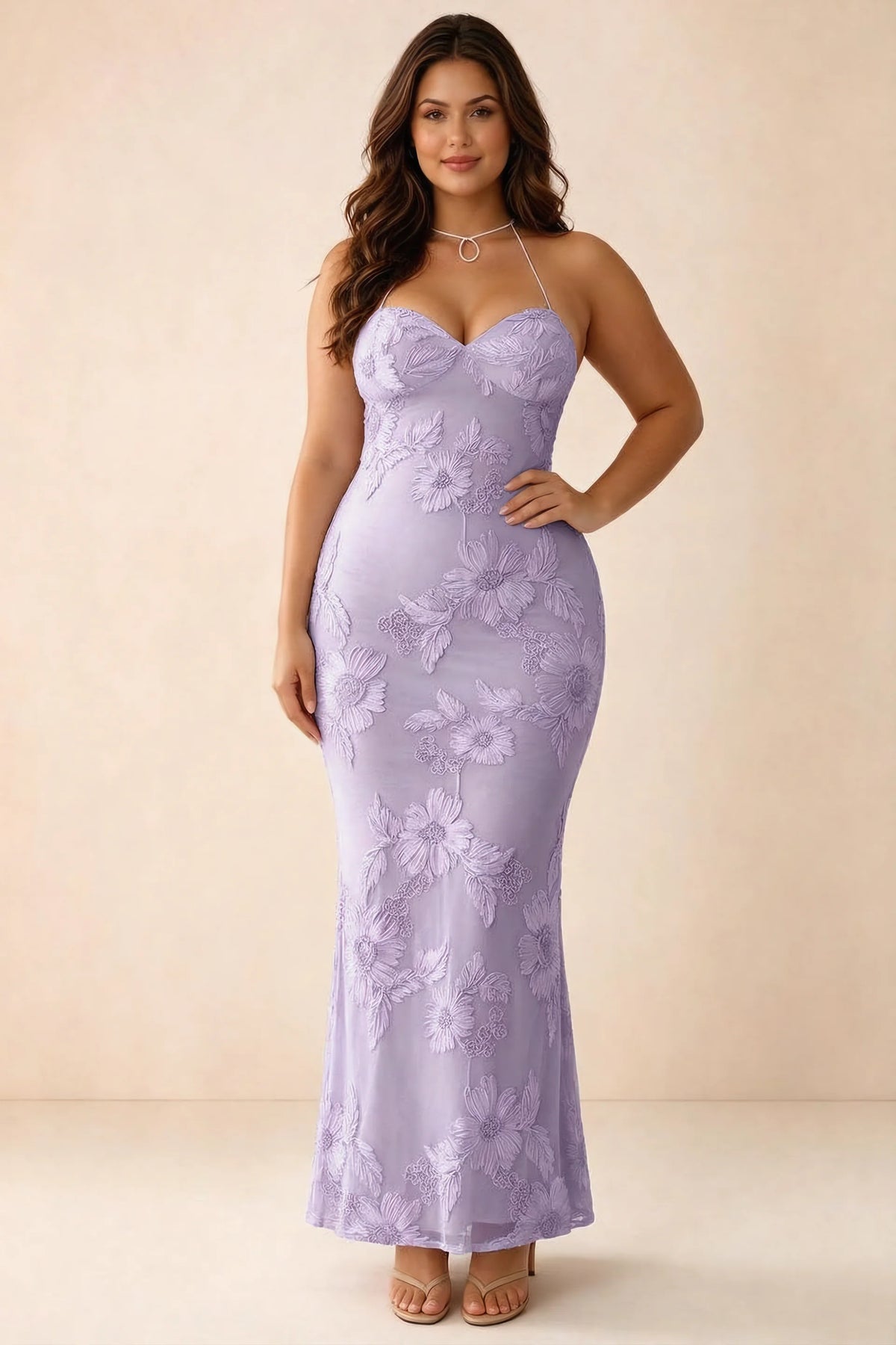 Front studio view of Brigitte wisteria dress on a second model, showing the sweetheart floral bodice