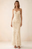 Front studio view of Brigitte yellow floral maxi dress with sweetheart neckline and fine halter ties