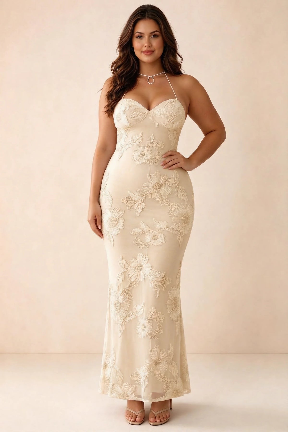 Front studio view of Brigitte yellow dress on a second model, showing the sweetheart floral bodice