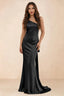 Front studio view of Brittany black one-shoulder maxi dress with fitted waist and mermaid hem