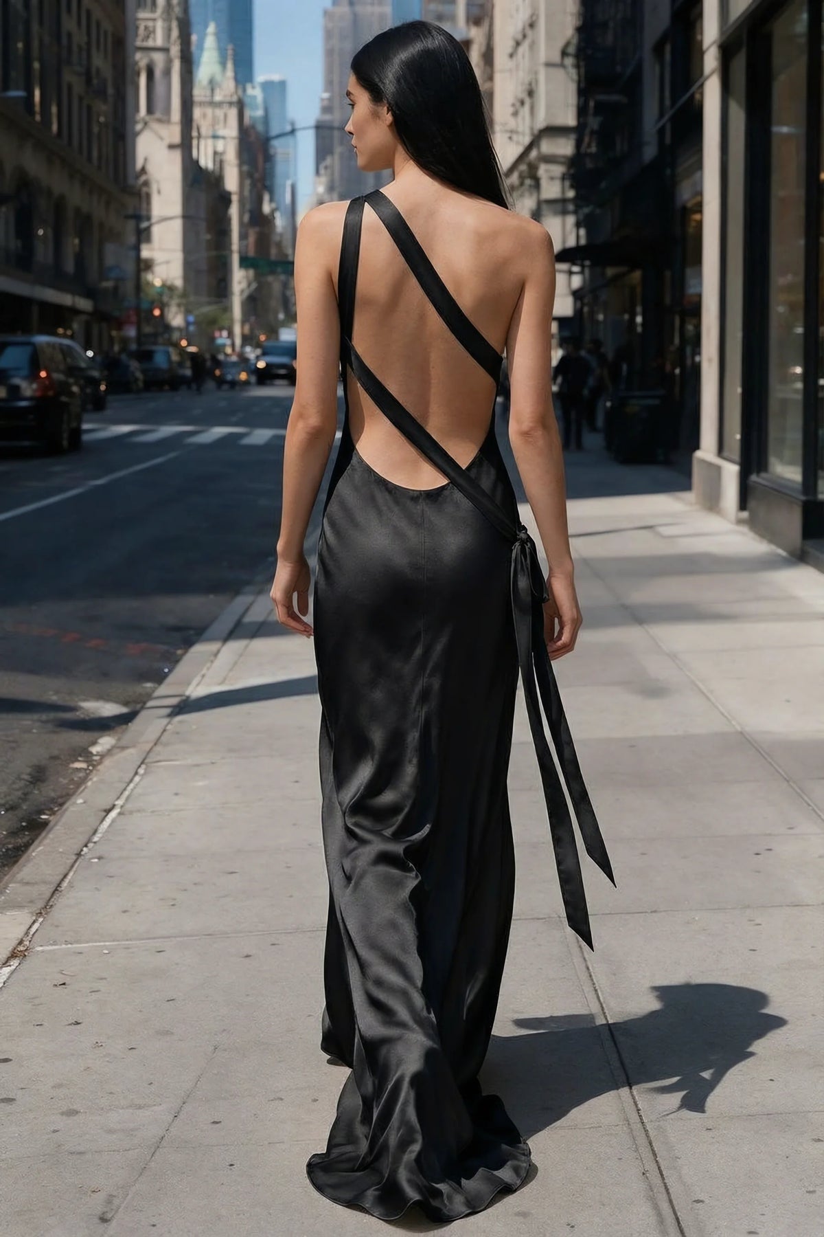 Outdoor rear view of Brittany black dress showing the crossed straps and trailing hem