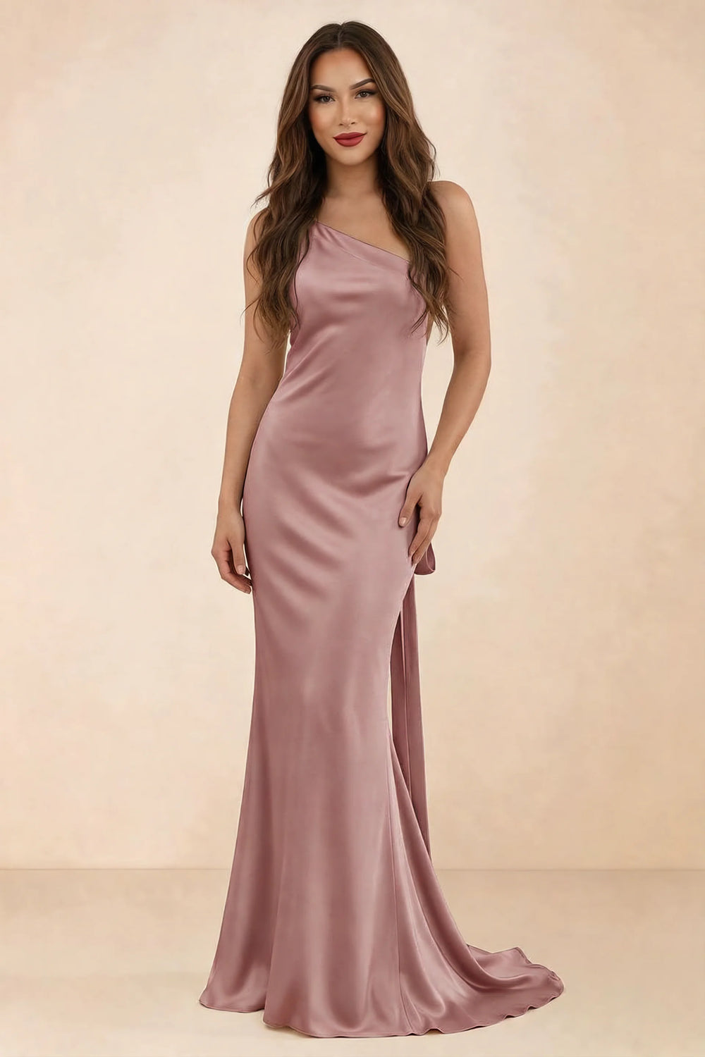 Translation missing: en.Front studio view of Brittany dusty pink one-shoulder maxi dress with fitted waist and mermaid hem content.product_image_main