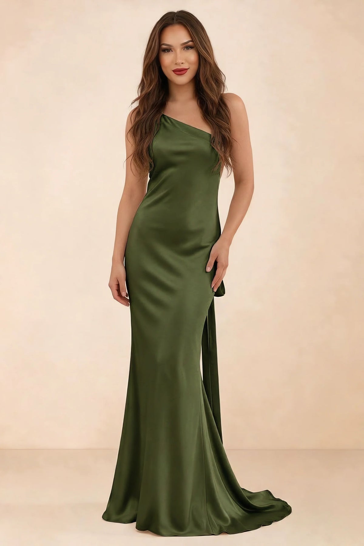 Front studio view of Brittany olive one-shoulder maxi dress with fitted waist and mermaid hem