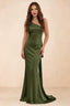 Front studio view of Brittany olive one-shoulder maxi dress with fitted waist and mermaid hem