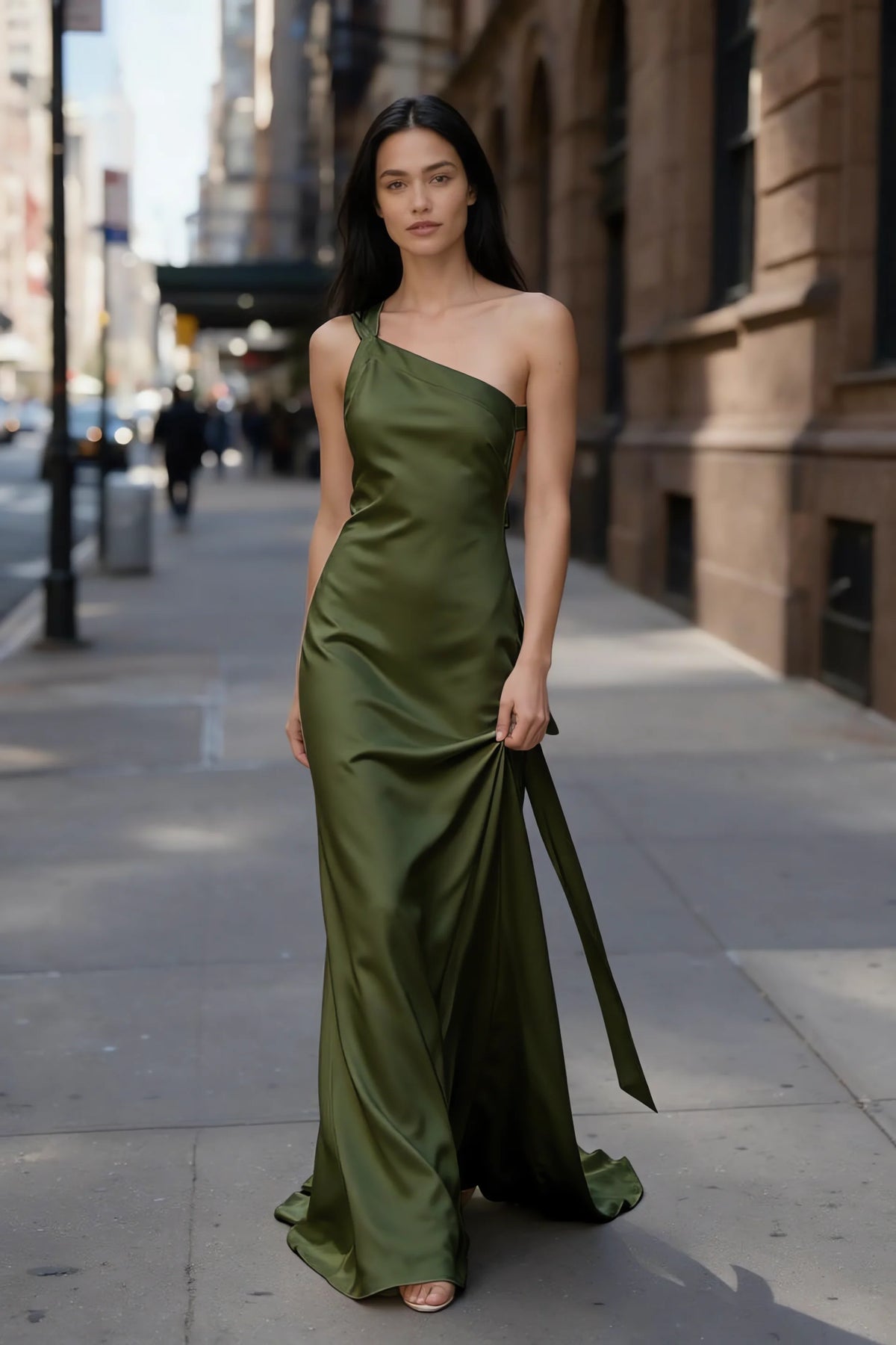 Outdoor front view of Brittany olive asymmetric dress on a city street