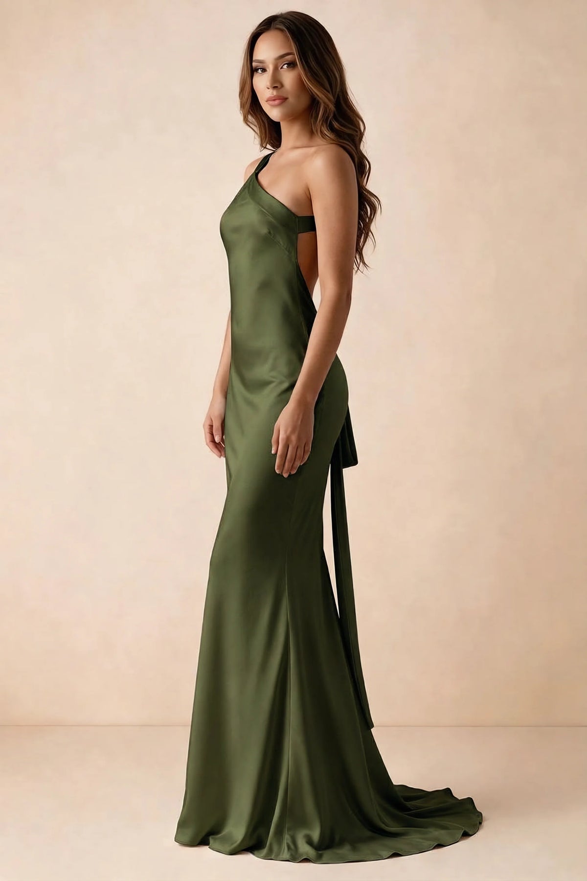 Side studio view of Brittany olive dress showing the flared skirt and side-back tie
