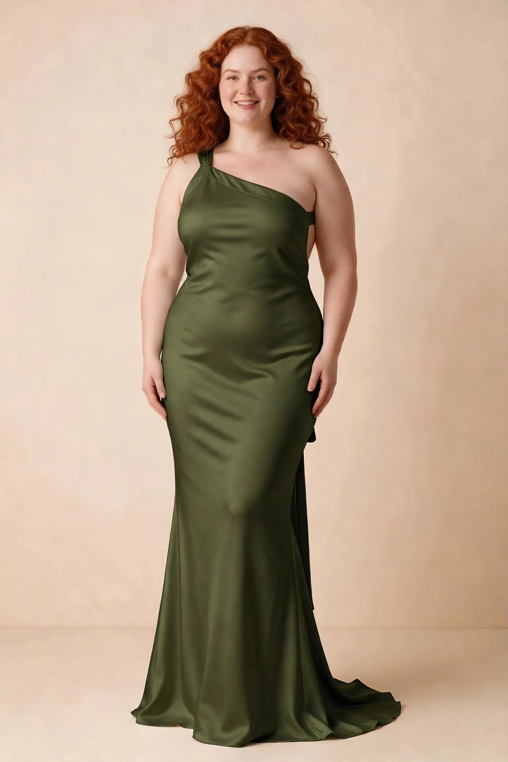 Front studio view of Brittany olive dress on a second model, showing the asymmetric neckline
