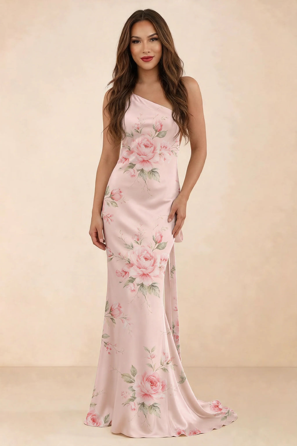 Front studio view of Brittany pink floral one-shoulder maxi dress with fitted waist and mermaid hem