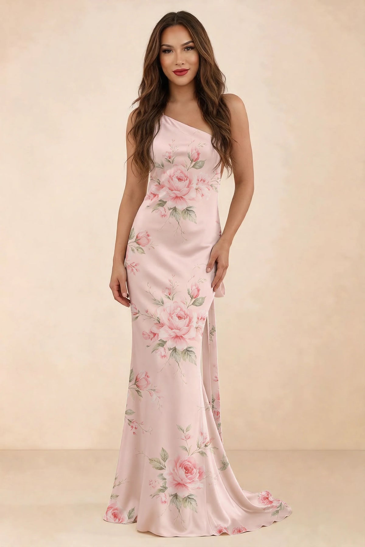 Front studio view of Brittany pink floral one-shoulder maxi dress with fitted waist and mermaid hem