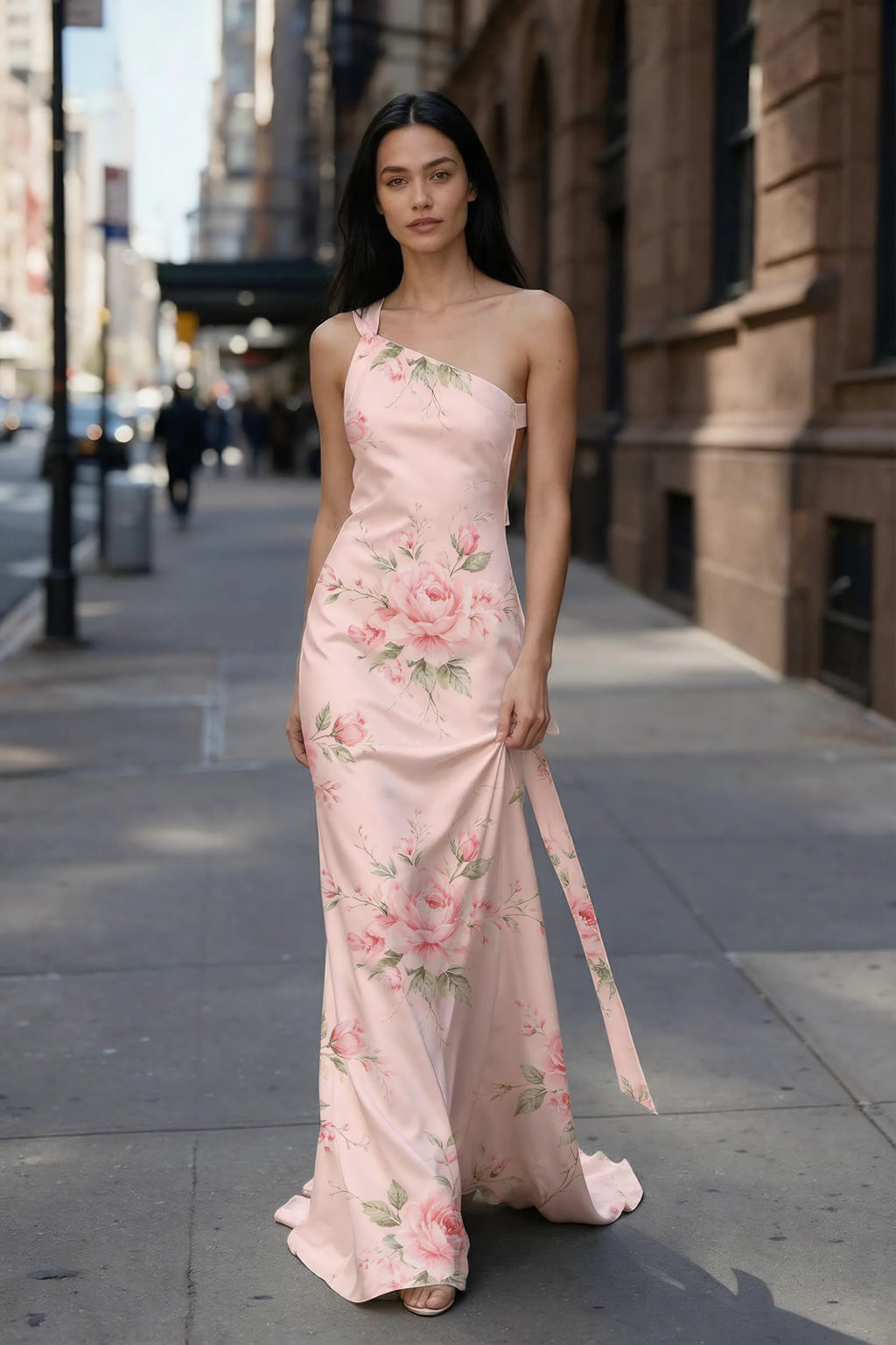 Outdoor front view of Brittany pink floral asymmetric dress on a city street