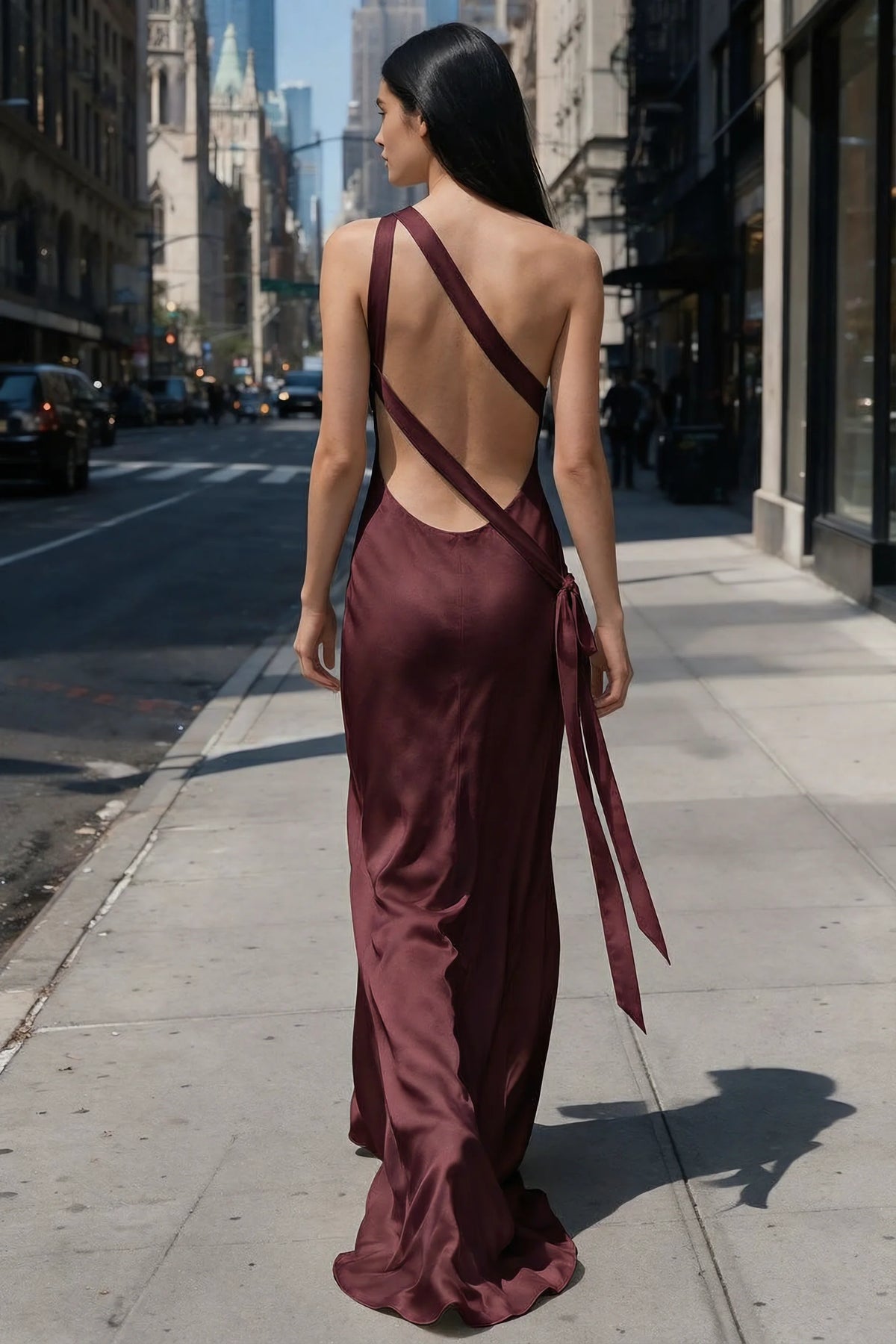 Outdoor rear view of Brittany wine dress showing the crossed straps and trailing hem